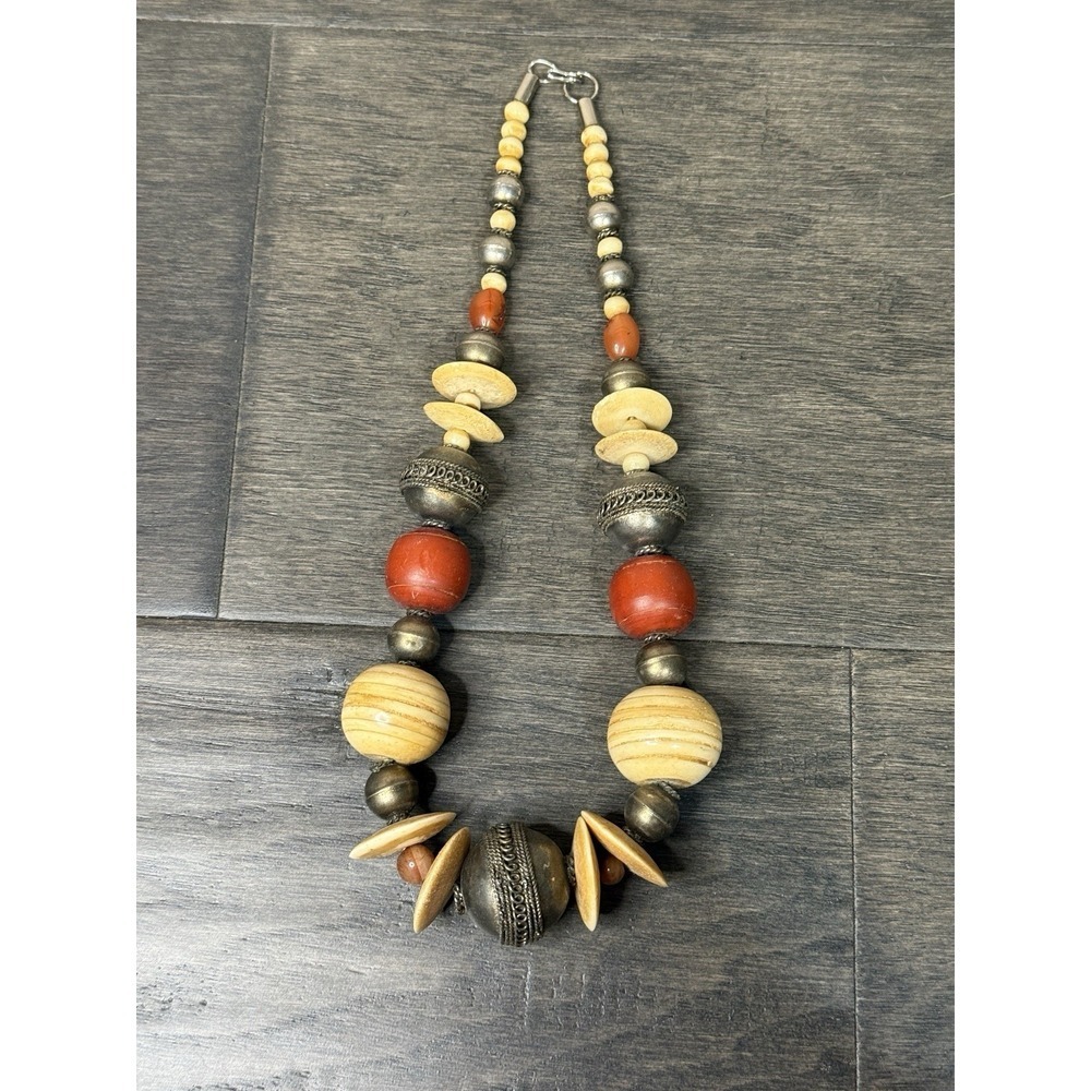 Vintage Stone Beaded Necklace Bone Silver Tribal Necklace Chunky